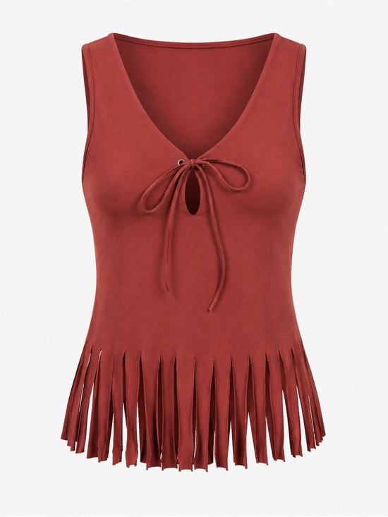 French Kiss Tops - Y2K Vintage Made in USA French Kiss Brown Fringe V-Neck Tank Top with Tie Sz M